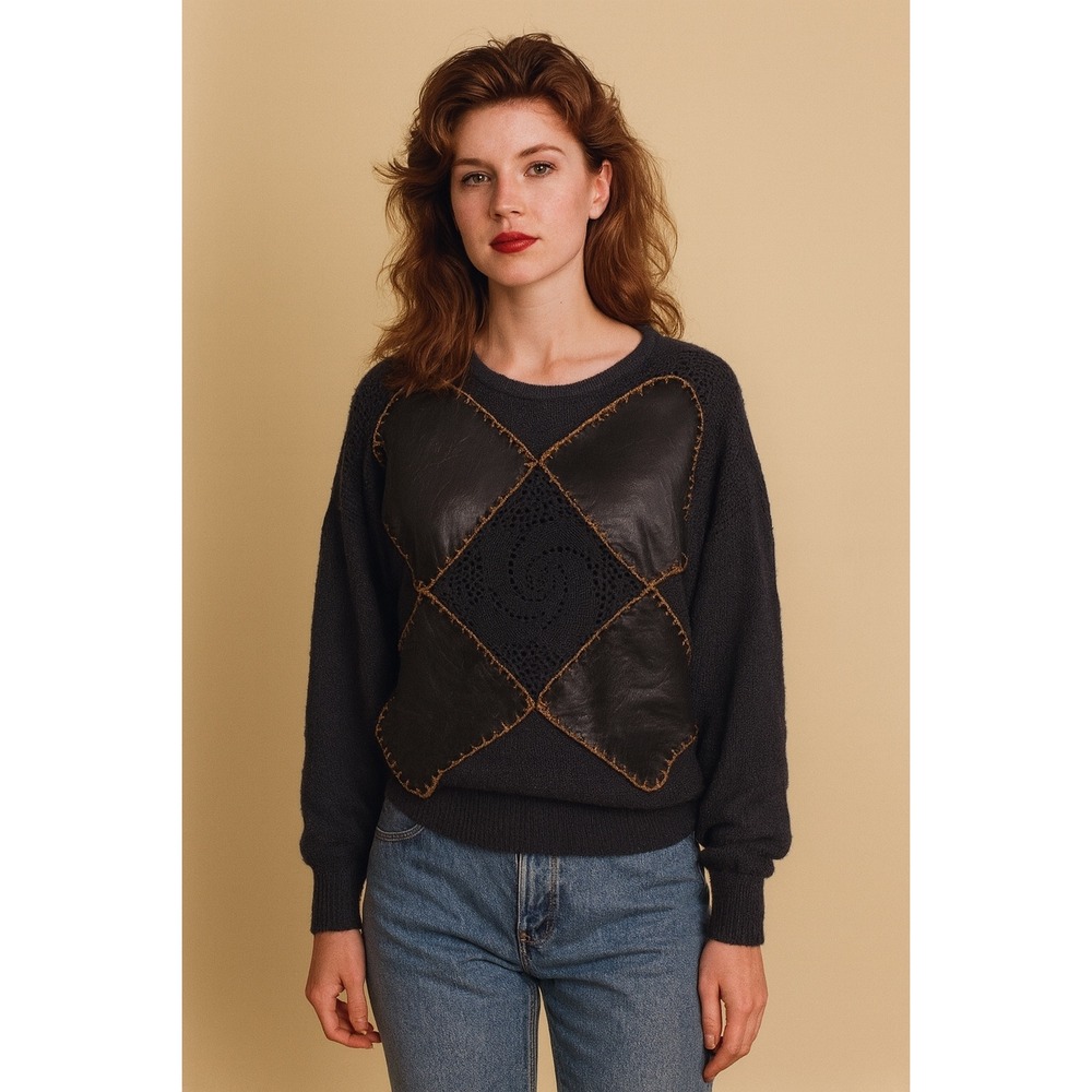Andriano Black Sweater Patchwork Argyle Faux Leather Women's Small Vegan Vintage